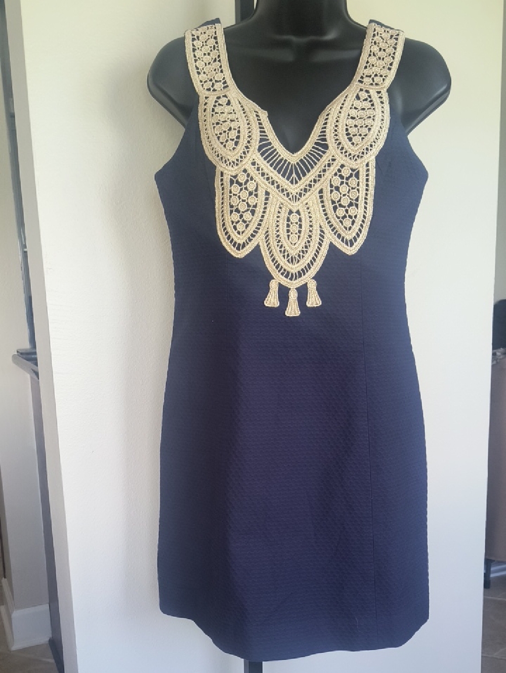Lilly Pulitzer Navy Sleeveless Dress with Gold Crochet Neckline